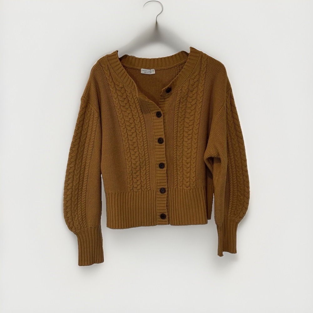 Paper Crane Cardigan Sweater Women Medium Brown Cable Knit Button Front Crop Top